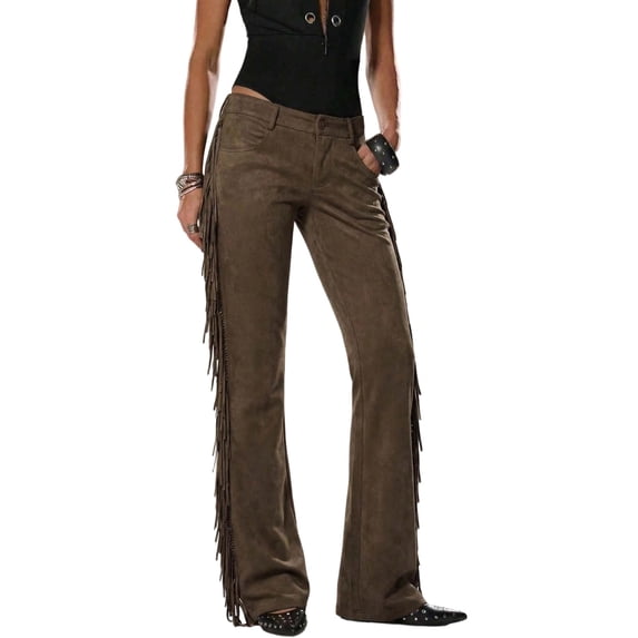 Wenini Women's Brown High Waist Wide Leg Pants Fashion Casual Trousers with Side Fringe