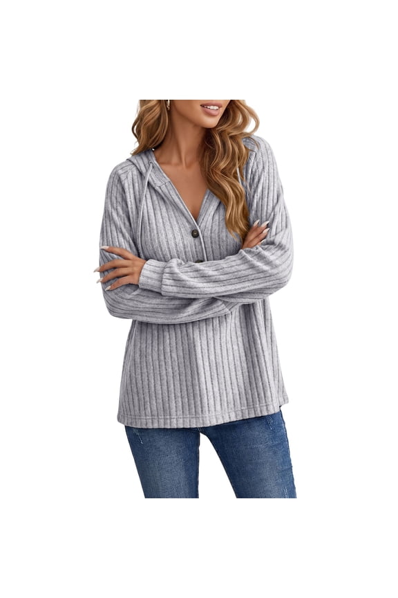 Women's Cotton Knit Hooded Pullover Sweater with Half Button Placket & Drawstring Fall Winter Warm Sweater Coat Top