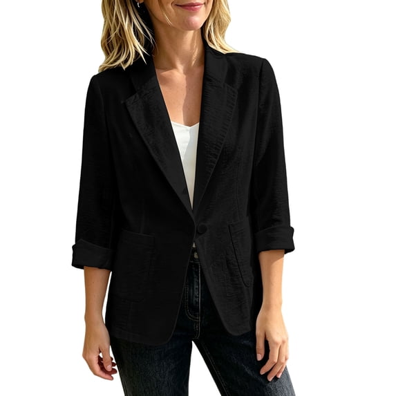 Wenini Women's Cotton Linen 3/4 Sleeve Blazer Jacket Lapel Collar Loose Casual Jacket Coat Top Business Blazer