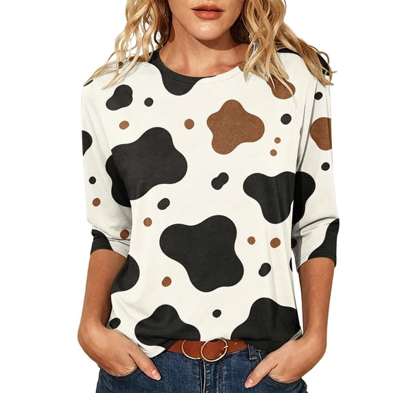 Wenini Women's Cow Print 3/4 Sleeve T-Shirt Round Neck Casual Tops Loose Lounging Basic Top S-5XL