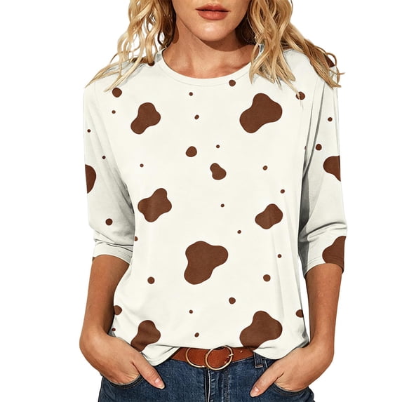 Wenini Women's Cow Print 3/4 Sleeve T-Shirt Round Neck Casual Tops Loose Lounging Basic Top S-5XL
