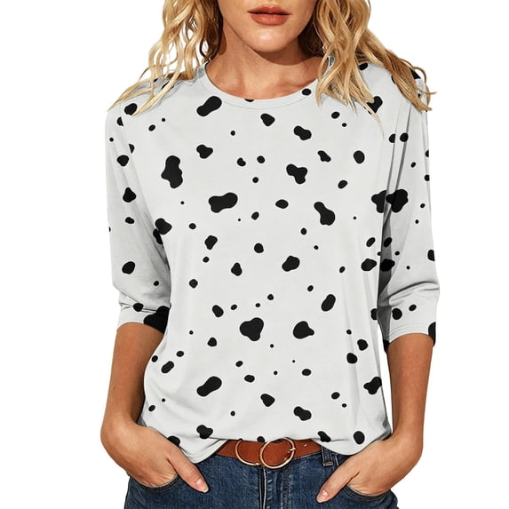 Wenini Women's Cow Print 3/4 Sleeve T-Shirt Round Neck Casual Tops Loose Lounging Basic Top S-5XL