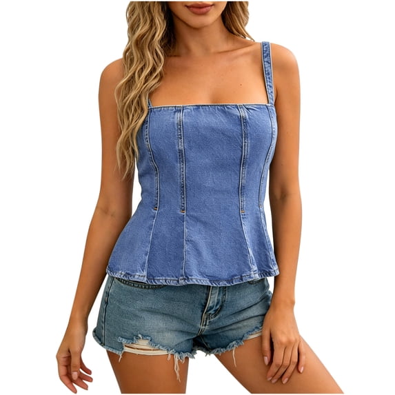 Wenini Women's Crop Tops Denim Corset Top Square Neck Spaghetti Strap Sleeveless Slim Vintage Summer Fashion Street Tops, Light Blue L