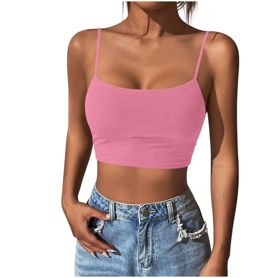 Wenini Women's Crop Tops Spaghetti Strap Square Neck Sleeveless Solid Basic Summer Tight Tank Tops, Pink L