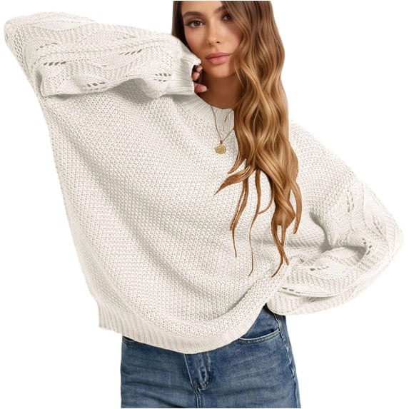 Wenini Women's Fall Winter Fashion Sweater Round Neck Solid Color Long Sleeve Knit Pullover Sweater Top