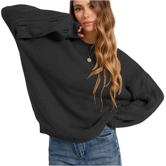 Wenini Women's Fall Winter Fashion Sweater Round Neck Solid Color Long Sleeve Knit Pullover Sweater Top