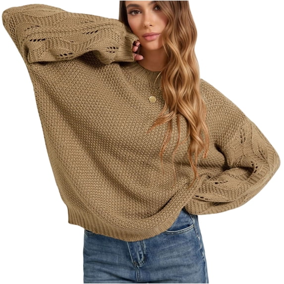 Wenini Women's Fall Winter Fashion Sweater Round Neck Solid Color Long Sleeve Knit Pullover Sweater Top