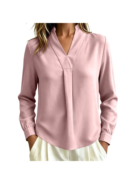 Women's Fashion Blouse Top V Neck Front Pleated Curved Hem Long Sleeve Casual Shirt Loose Business Shirt