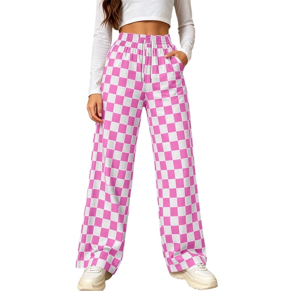 Wenini Women's High Waist Colorful Plaid Print Casual Pants Fashion Wide Leg Trousers