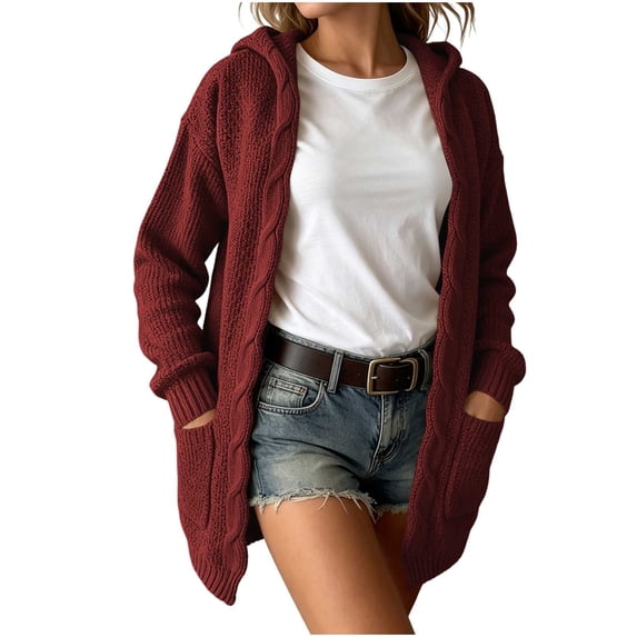 Wenini Women's Hooded Cable Knit Cardigan Sweater with Pockets 2026 Fall Trendy Coat Jacket