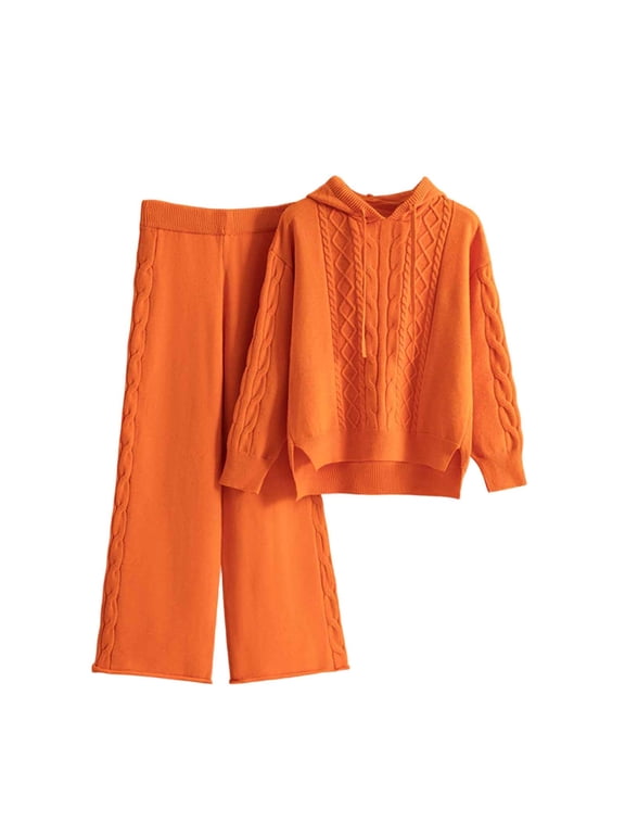 Women's Knit Cotton Casual Tracksuits Set Cable Knit Hooded Sweatshirt and Wide Leg Pants 2 Piece Set