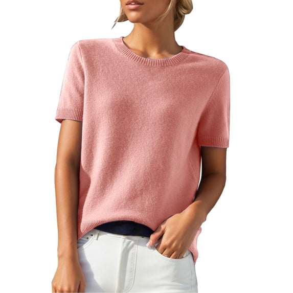 Wenini Women's Knitted Sweater Casual Crewneck Blouse Short Sleeve Loose Lightweight Solid Top Summer Spring Fall, Skin pink M