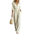 thumbnail image 1 of Wenini Women's Lapel Collar Button Cotton Linen Jumpsuit 3/4 Sleeve Wide Leg Solid Jumpsuit with Belted Waist, 1 of 6