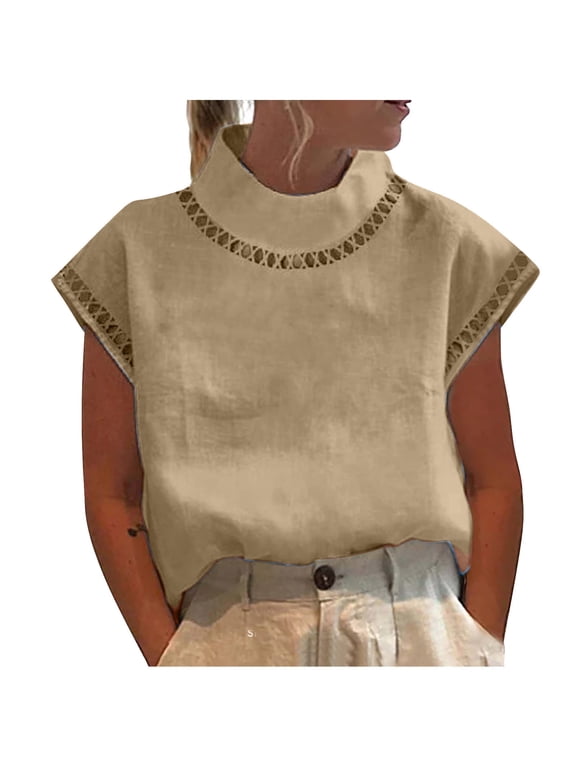 Women's Linen Cut Out Top Eyelet Lace Hollow Out High Neck Short Sleeve Casual Boho Lightweight Loose Summer Blouse, Khaki L