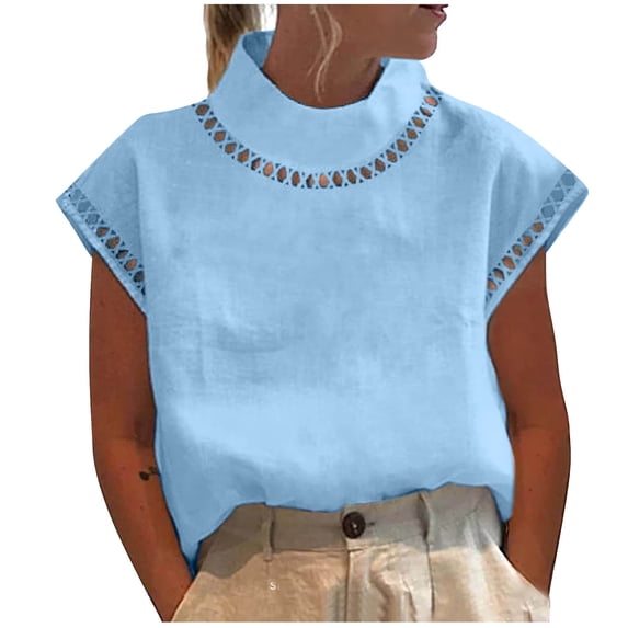 Wenini Women's Linen Cut Out Top Eyelet Lace Hollow Out High Neck Short Sleeve Casual Boho Lightweight Loose Summer Blouse, Light Blue M