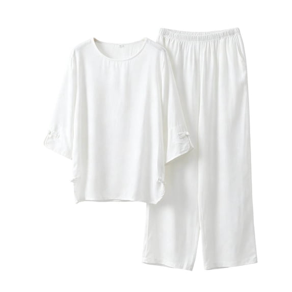 Wenini Women's Plus Solid 2 Piece Loungewear Set Round Neck 3/4 Sleeve Top Wide Leg Pants