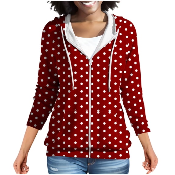 Wenini Women's Polka Dot Full Zip Hoodie Jacket Long Sleeve Loose Casual Sweatshirt Coat with Side Pockets Fashion Outerwear Coat