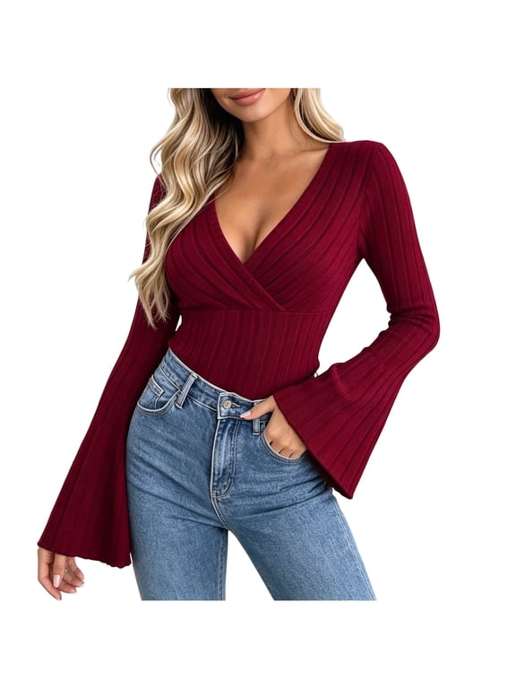 Women's Ribbed Knit V Neck Top Solid Color Flared Long Sleeve Casual Shirt Fall Fashion Wear Top Winter Warm Base Layer