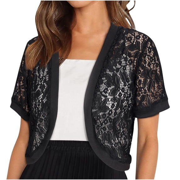 Wenini Women's Short Sleeve Lace Open Front Cardigan Top Elegant Sheer Cropped Hollow Out Shrug Cover Up Top