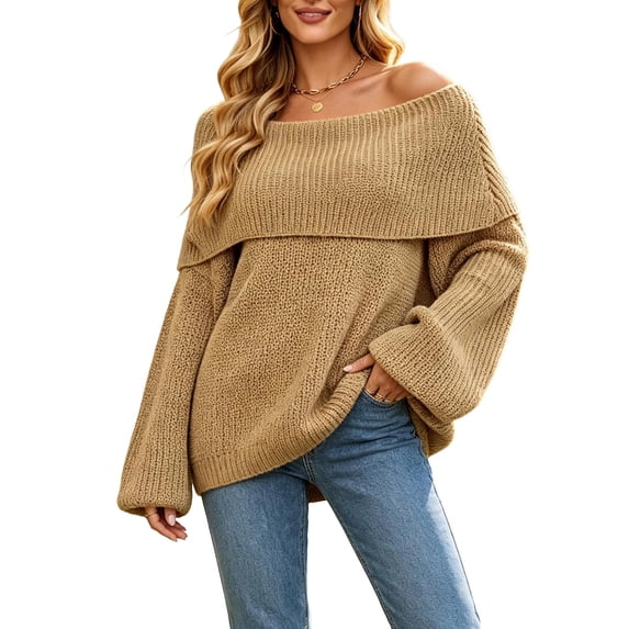 Wenini Women's Shoulder Solid Color Knit Sweater Top Long Sleeve Loose Casual Pullover Top