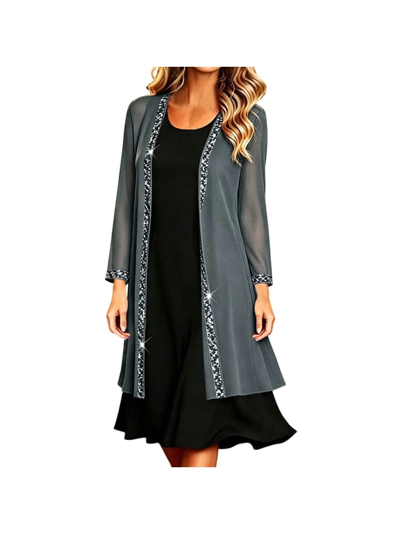 Women's Solid Color Chiffon Open Front Cardigan Coat Long Sleeve Knee Length Coat Evening Party Cover up Jacket