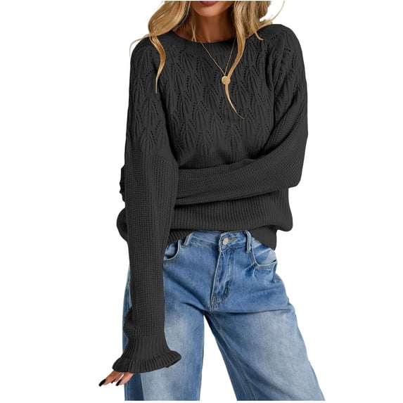 Wenini Women's Solid Round Neck Openwork Knit Sweater Pullover Top Long Sleeve Ruffle Cuff Casual Fall Winter Sweater Top