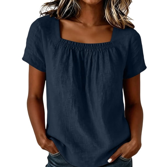 Wenini Women's Square Neck Short Sleeve Blouse Smocked Casual Loose Lightweight Summer Top Flowy Curved Hem Linen Blouse, Navy XXL