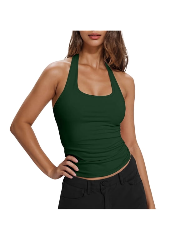 Women's Summer Tank Tops Ruched Halter Sleeveless Crop Top Solid Basic Slim Fit Casual Workout Blouse, Green S