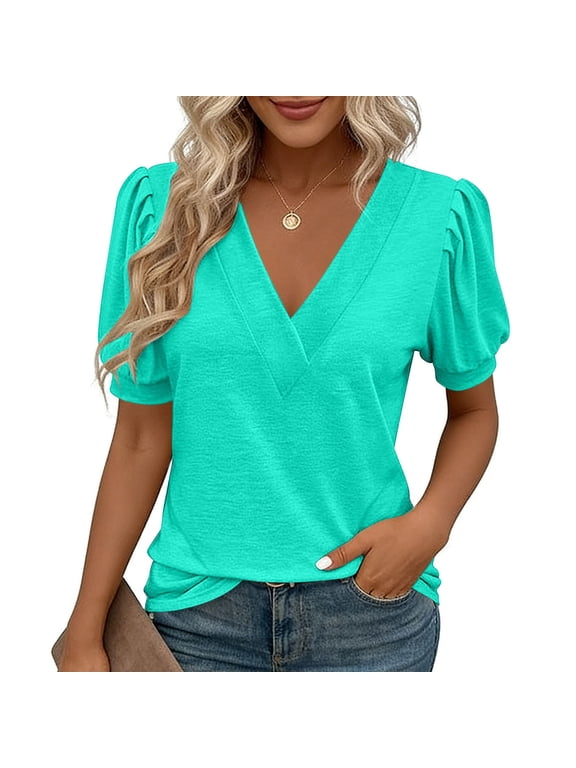 Women's Summer Tops Wrap V Neck Puff Sleeve Casual Loose Short Sleeve Blouse Patchwork V-Neck T-Shirt, Mint Green S