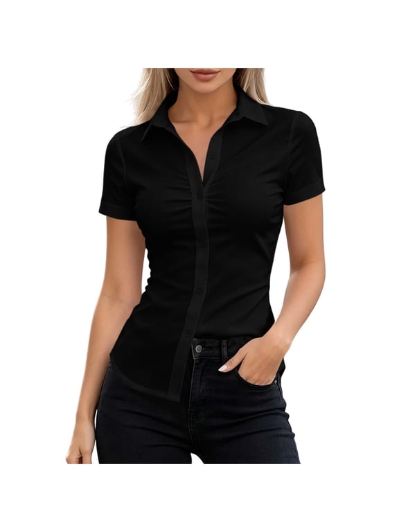 Womens Blouses Button Down Collared Short Sleeve Ruched Front Fitted Slim Business Work Tops Summer Shirts, Black L
