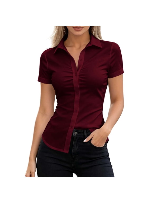 Womens Blouses Button Down Collared Short Sleeve Ruched Front Fitted Slim Business Work Tops Summer Shirts, Wine XL
