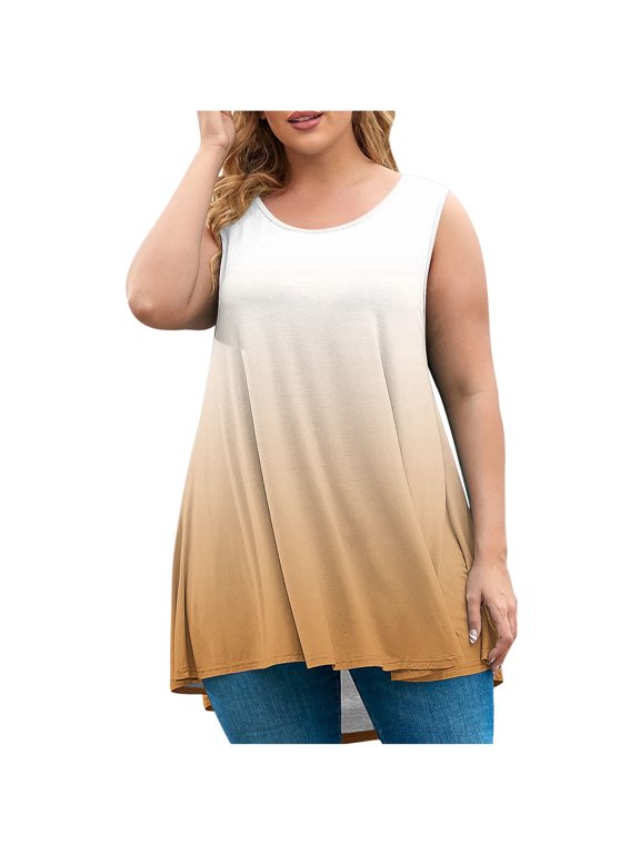 Womens Tank Tops Gradient Flowy Loose Round Neck Sleeveless Casual Basic Summer Plus Size Oversized Ombre Tank, Yellow XL