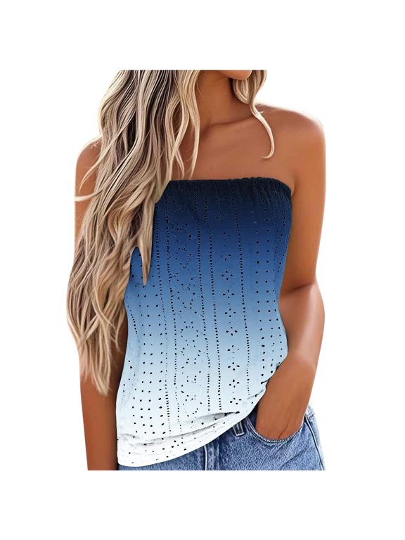 Womens Tank Tops Strapless Bandeau Gradient Print Casual Boho Summer Sleeveless Loose Beach Vacation Holiday Flowy Soft Eyelet Top, Blue S