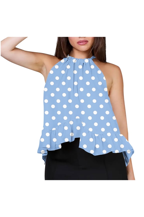 Womens Tops Ruffle Polka Dot Casual Summer Sleeveless Round Neck Loose Flowy Blouse Beach Vacation Holiday Party Trendy Halter Tie Back Top, Sky Blue L