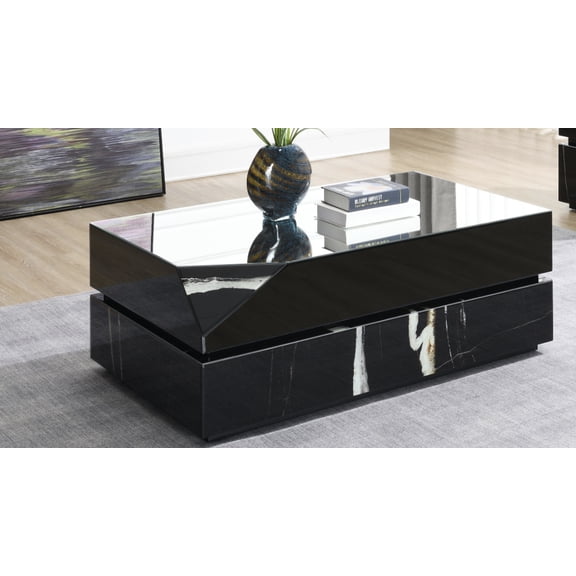 Wenona Black Mirrored Finish Coffee Table | Modern Rectangular Living Room Furniture | Composite Wood & Tempered Glass | 28"x47" | Marble Grain Accent | Durable & Elegant Centerpiece
