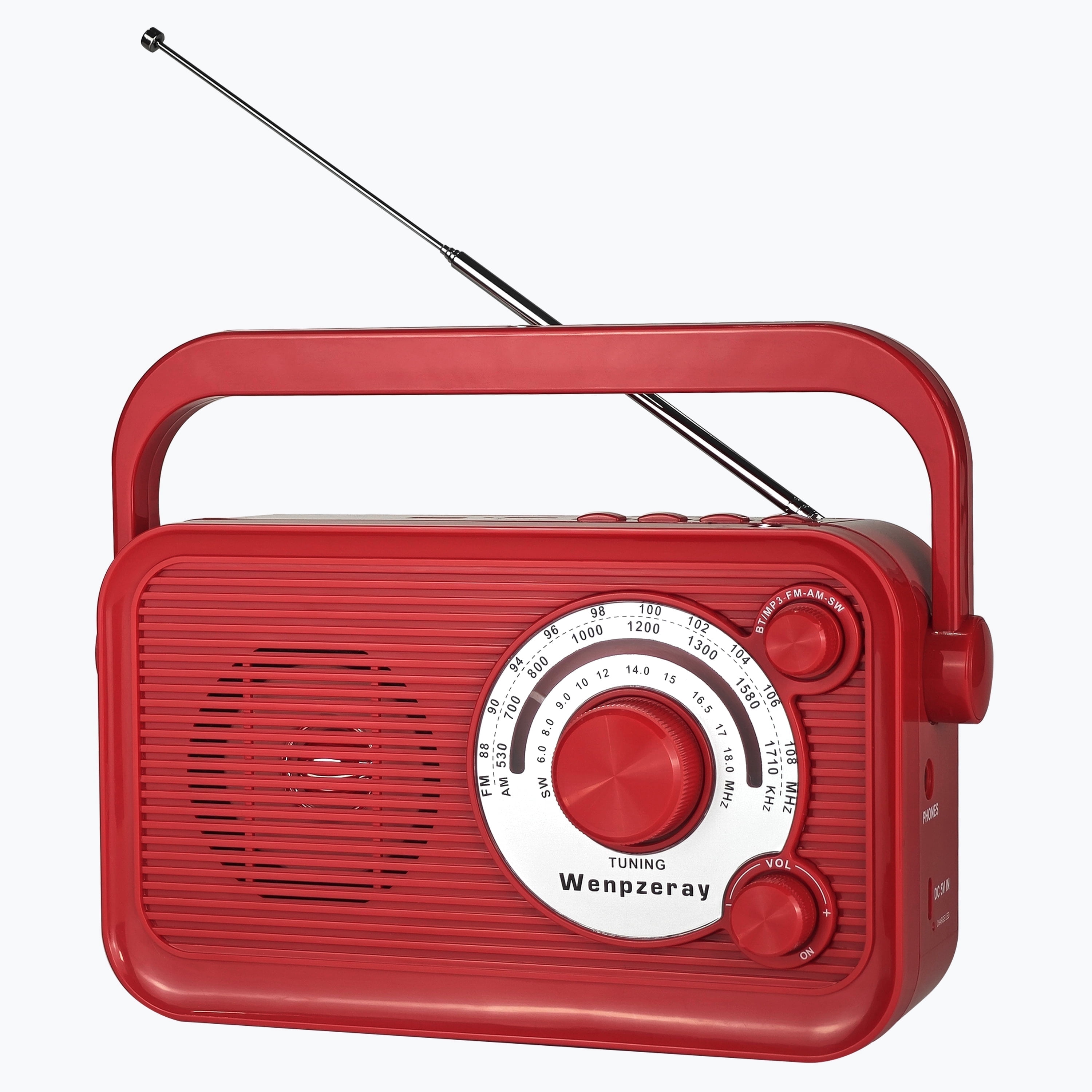 Camping Emergency AM FM Shortwave Radio, DSP Chip Bluetooth Speaker, Type-C Charging Retro Portable Radio Wenpzeray D218 (Red)