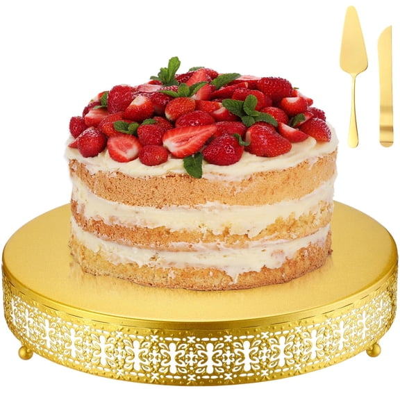 Wenqik Gold Cake Stand 14 Inch Metal Round Cupcake Dessert Stand with Cake Cutting, Spatula Xmas Cupcake Pastry Display Candy Holder Display for Wedding Birthday Party Y101
