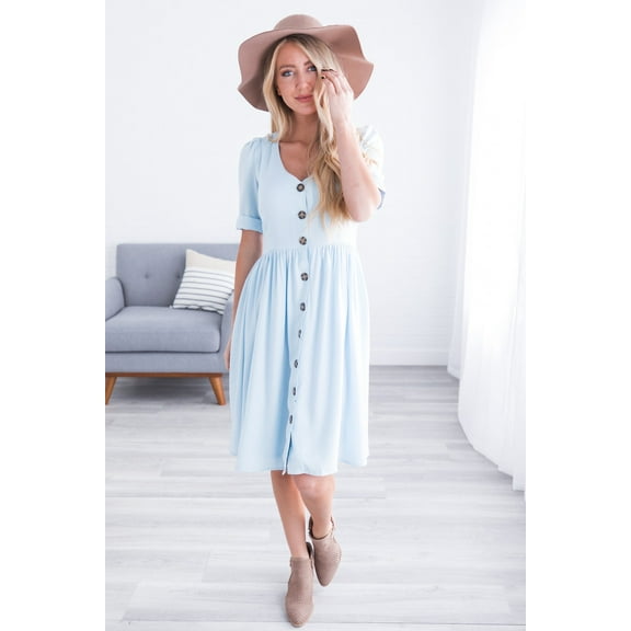 Wenseny A-line Dress for Women Button-down V-neck Short-sleeve Party Shirtwaist Dresses Blue S