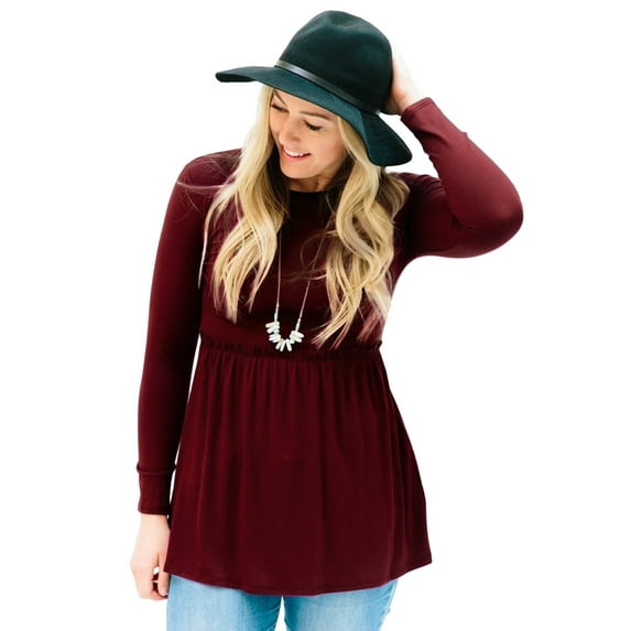 Wenseny Long Sleeve Shirt For Women Elegant Pleated Ruched Waist Round Neckline Shirt Wine Red s