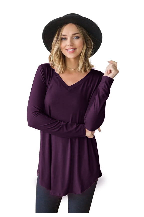 Long Sleeve Shirt for Women V-Neck Side Split Casual Tops Loose Shirts Purple XL