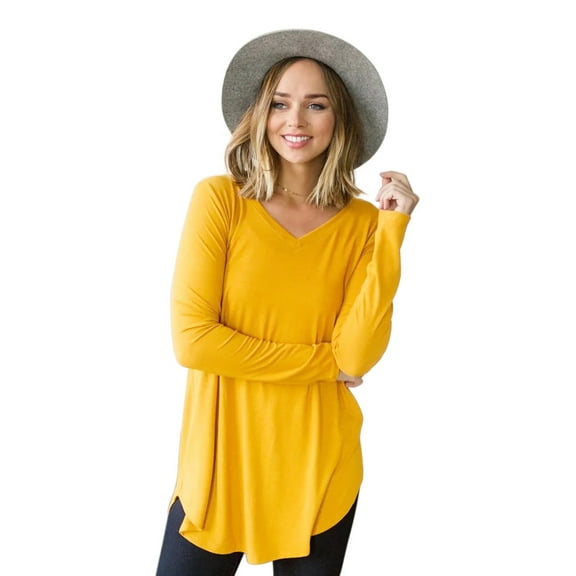 Wenseny Long Sleeve Shirt for Women V-Neck Side Split Casual Tops Loose Shirts Yellow L