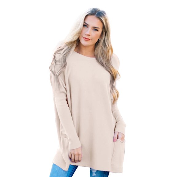 Wenseny Loose Fit Sweater For Women With Pocket Long Sleeve Lightweight Knitted Sweater Pink M