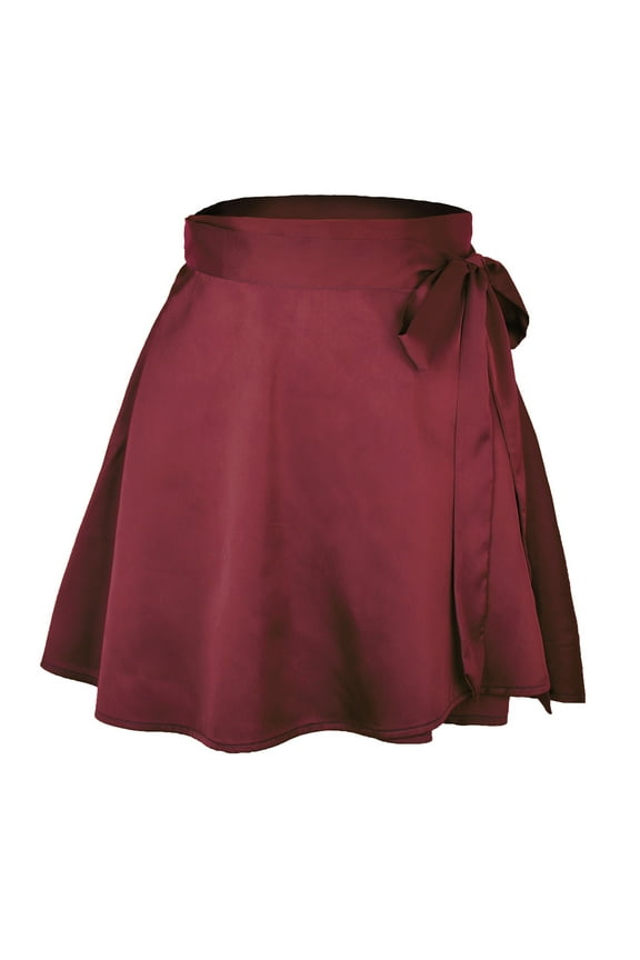 Satin Silky A-Line Skirt for Women Side Lace-Up Wrap Skirts Red L