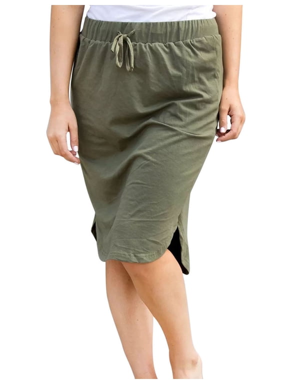 Straight Skirt for Women Elastic Waist Side Split Fashion Casual Skirts Army Green S