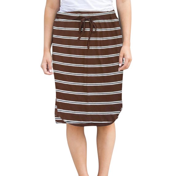 Wenseny Stripe Straight Skirt for Women Elastic Waist Fashion Casual Skirts Brown M