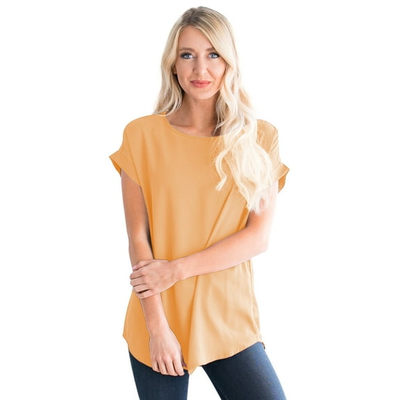 Wenseny Women Round Neck T-shirt Short Sleeves Loose Fit Tunic Blouse Tops Mustard L