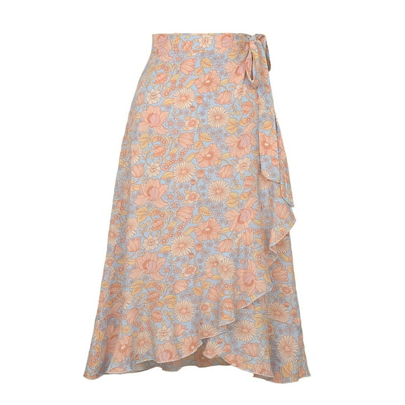 Wenseny Women’s Asymmetrical Floral Long Wrap Skirts Ruffled Midi Skirt Beige S