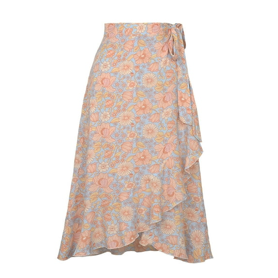 Wenseny Women’s Asymmetrical Floral Long Wrap Skirts Ruffled Midi Skirt Beige S