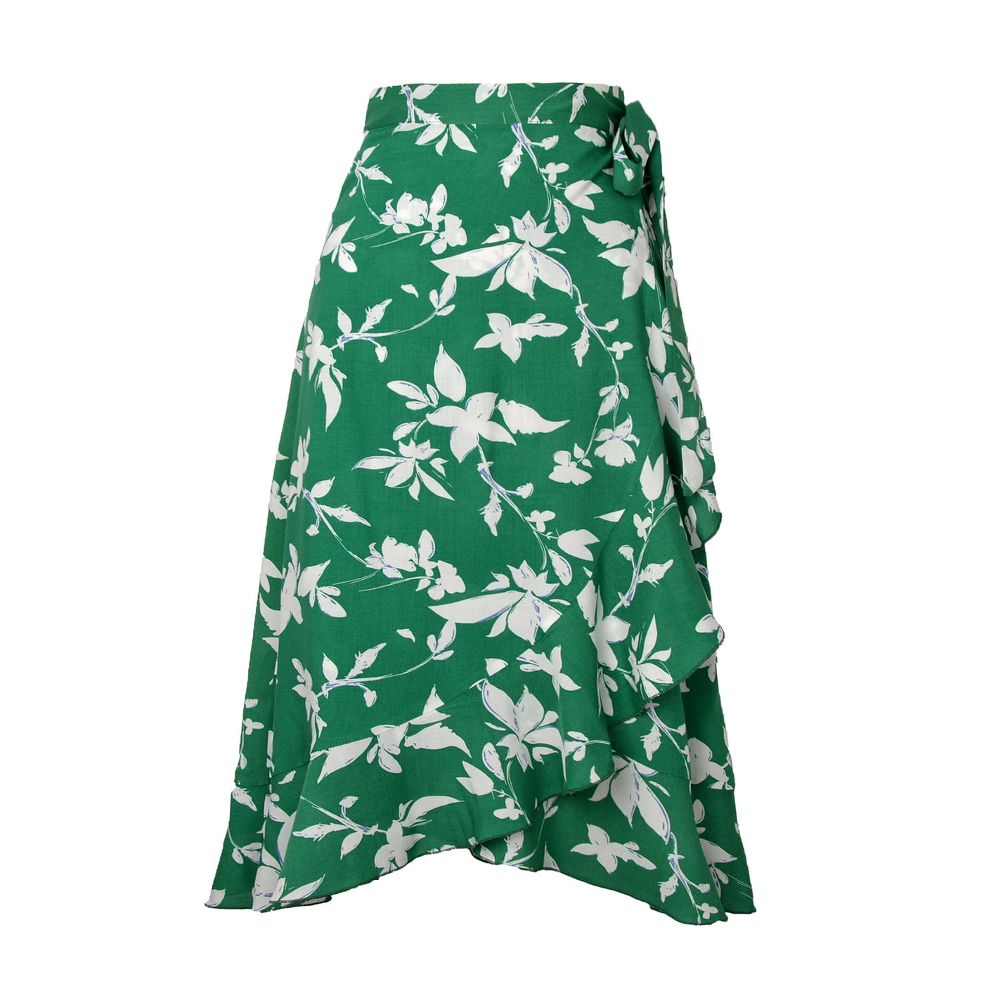 Women White & Green Floral Wrap Neck Top With Skirt