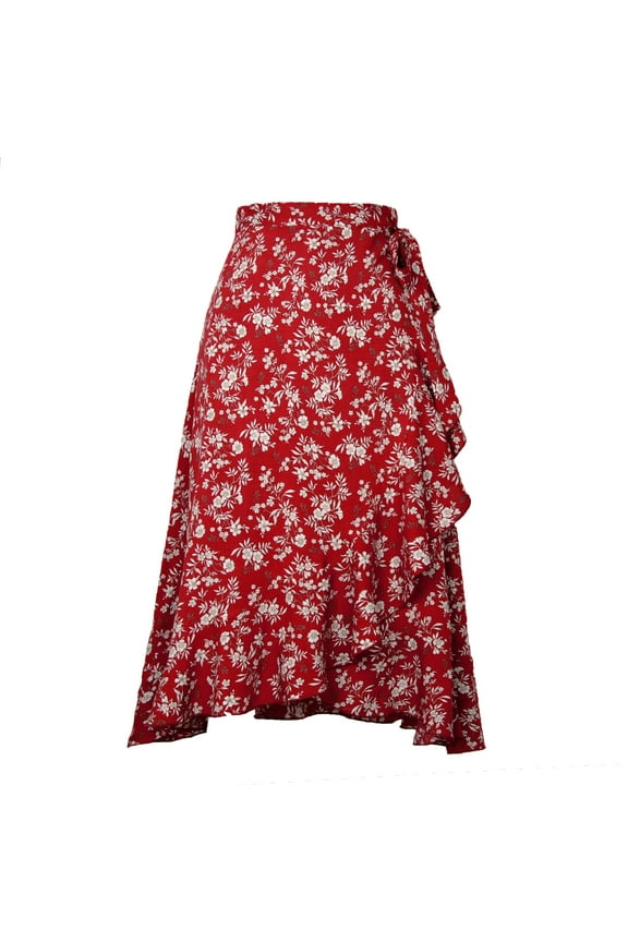 Women’s Asymmetrical Floral Long Wrap Skirts Ruffled Midi Skirt Red S